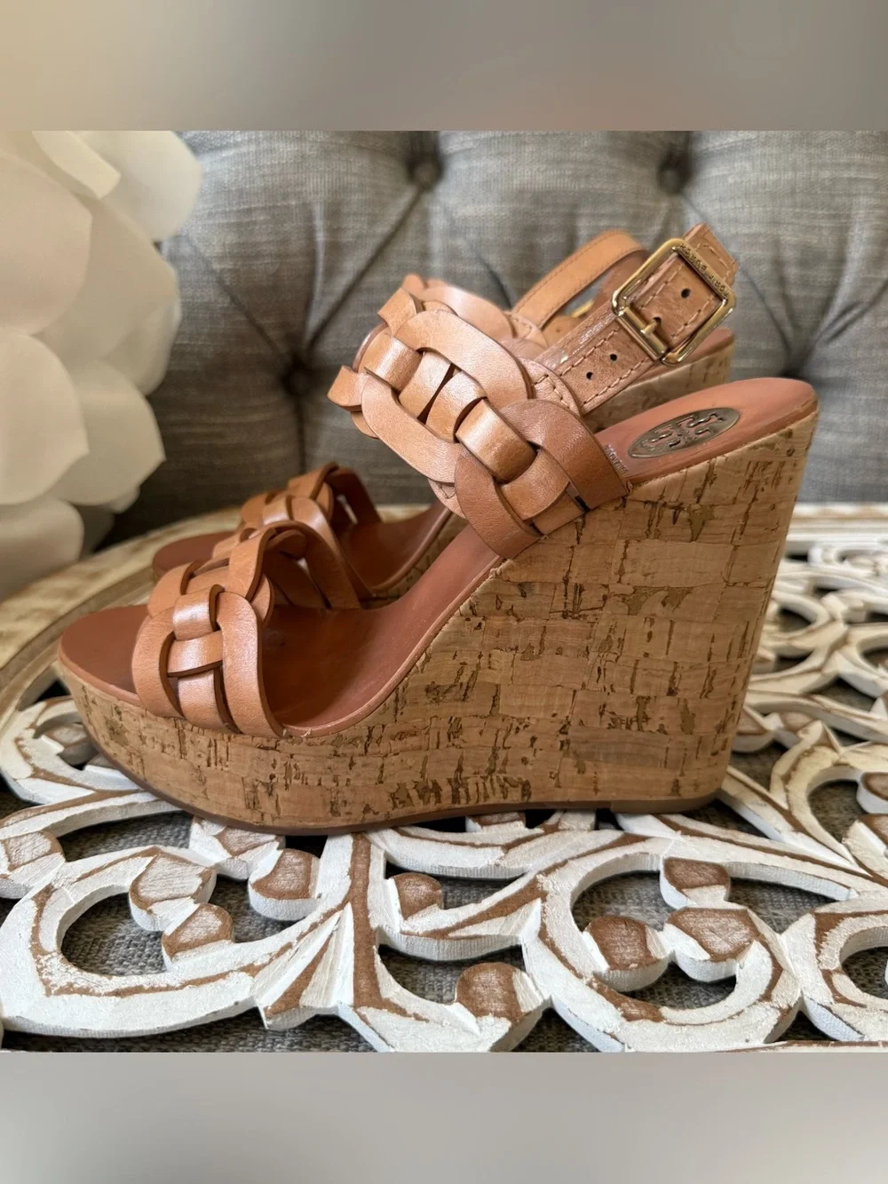 Tory Burch Tan Woven Leather Cork Wedge Sandals Shoes Women’s 8.5